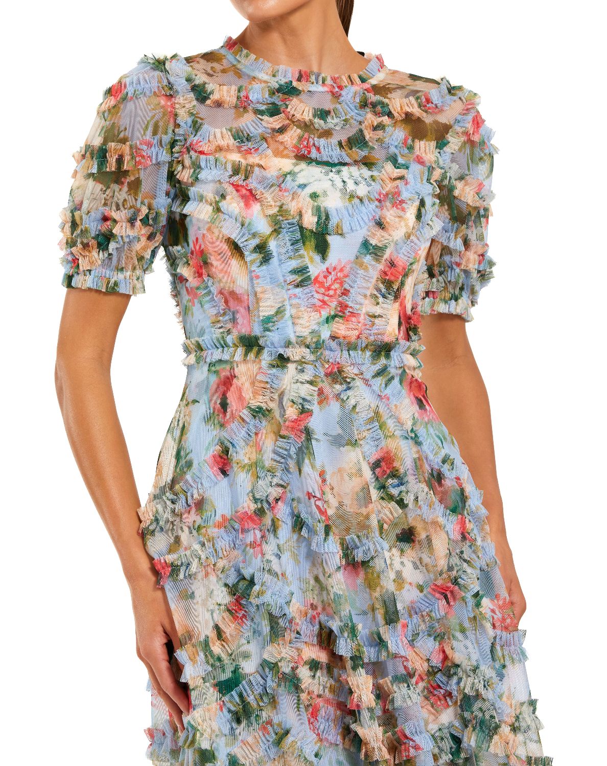 8302-Blue Floral Mesh Ruffle High Neck Midi Dress