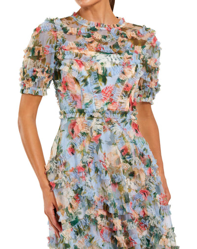 8302-Floral Mesh Ruffle High Neck Midi Dress