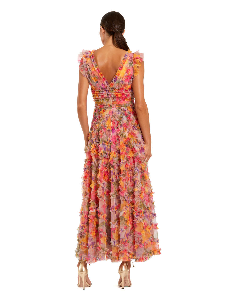 8303-Floral Mesh Ruffle V Neck Ankle Dress