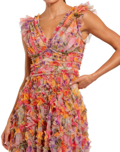 8303-Floral Mesh Ruffle V Neck Ankle Dress
