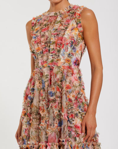 8307-Mesh Micro Ruffle High Neck Mini Dress