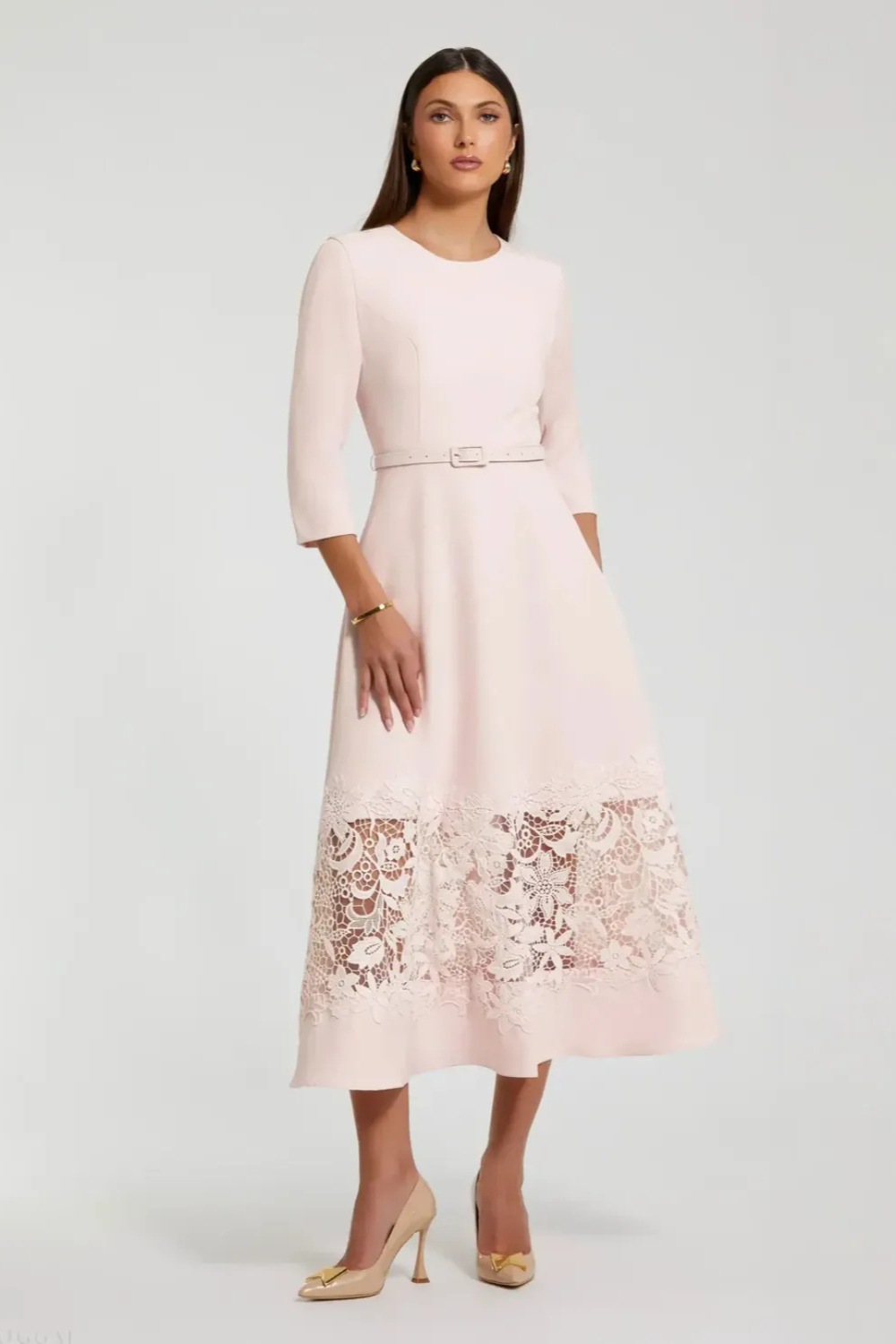 Pink Crepe Boat Neck Midi Dress With Applique Cut Out