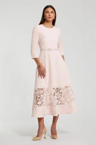 Pink Crepe Boat Neck Midi Dress With Applique Cut Out