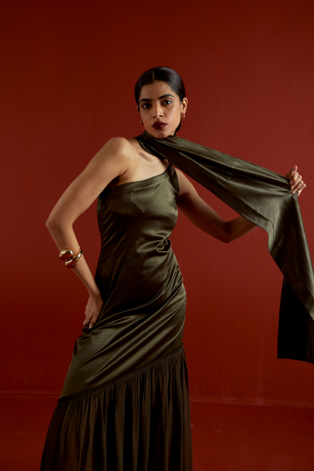 ONE SHOULDER DRESS-DARK OLIVE