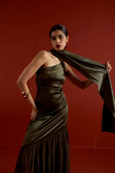 ONE SHOULDER DRESS-DARK OLIVE