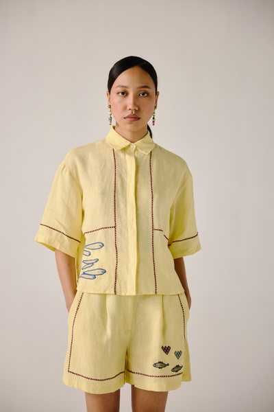 Leo Set - Butter Yellow Fish Embroidery