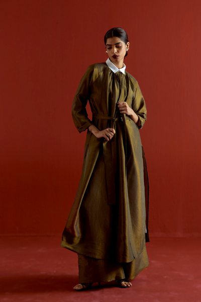 GATHER NECK SHIRT  CO-ORD-OLIVE GOLD