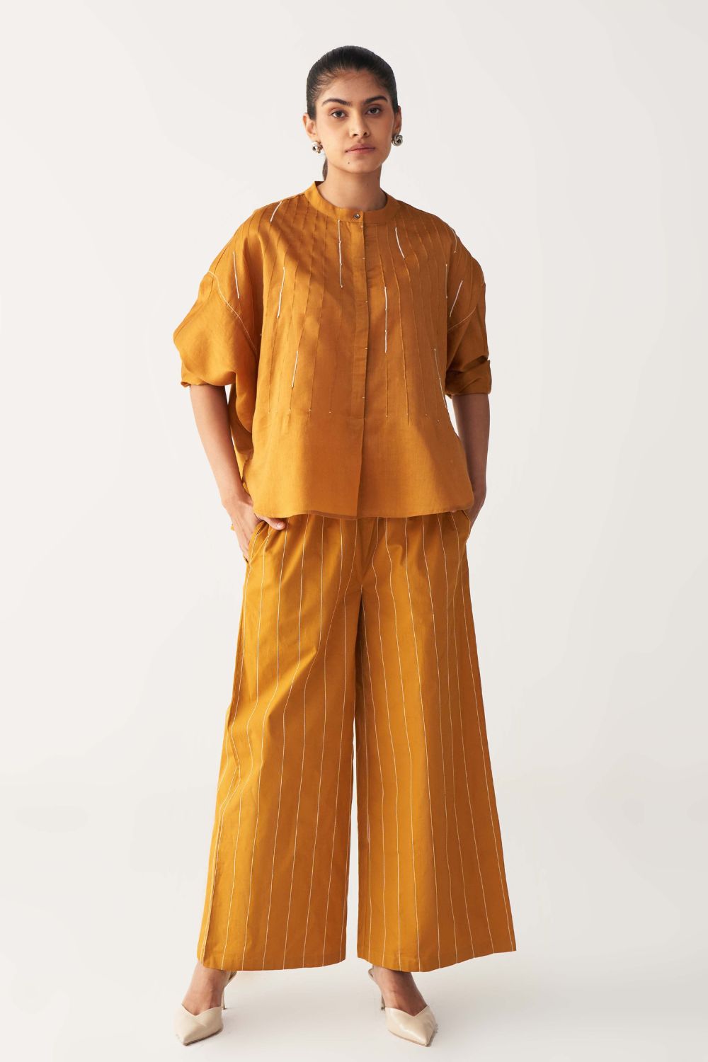 PINTUCK BAT SLEEVE TOP CO-ORD-MUSTARD