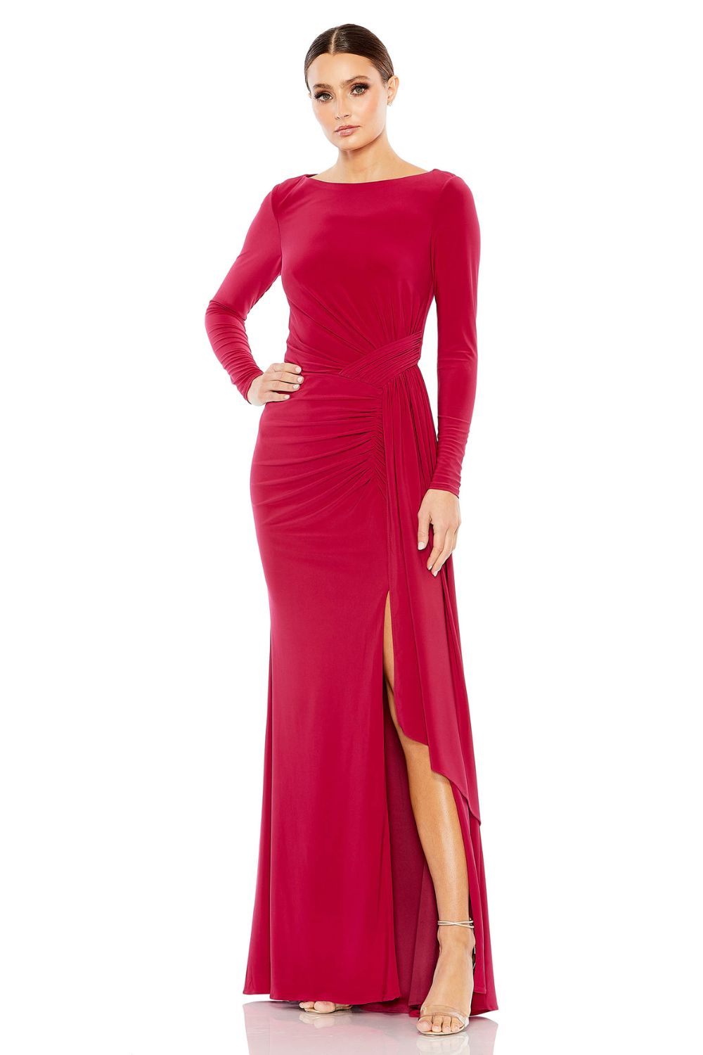 26714-Ruched Long Sleeve Cowl Neck Gown