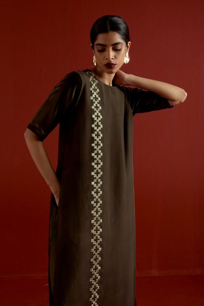 GOTA PATTI DETAIL DOUBLE LAYER DRESS-DARK OLIVE
