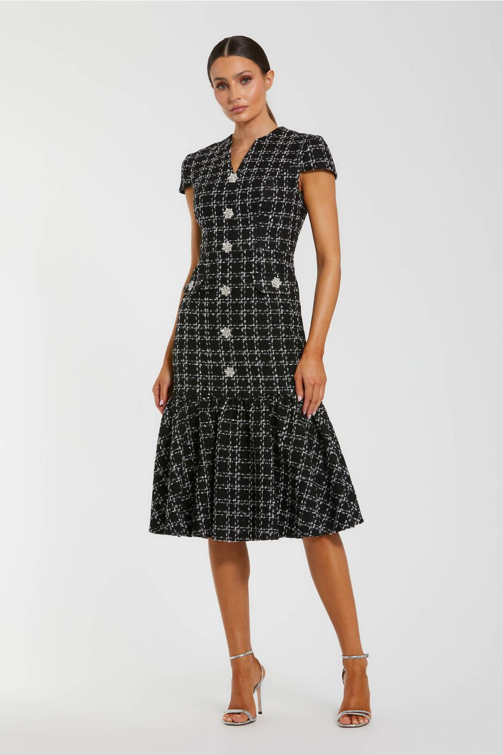 37071-Black Cap Sleeve Boucle A Line Midi Dress
