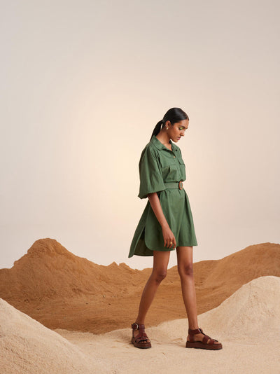 Belted Short Dress-Fern