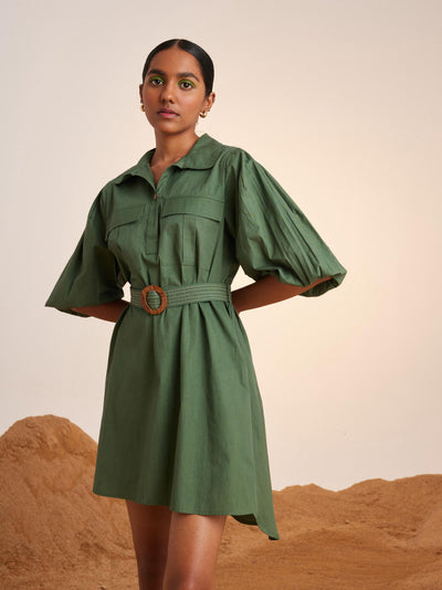 Belted Short Dress-Fern