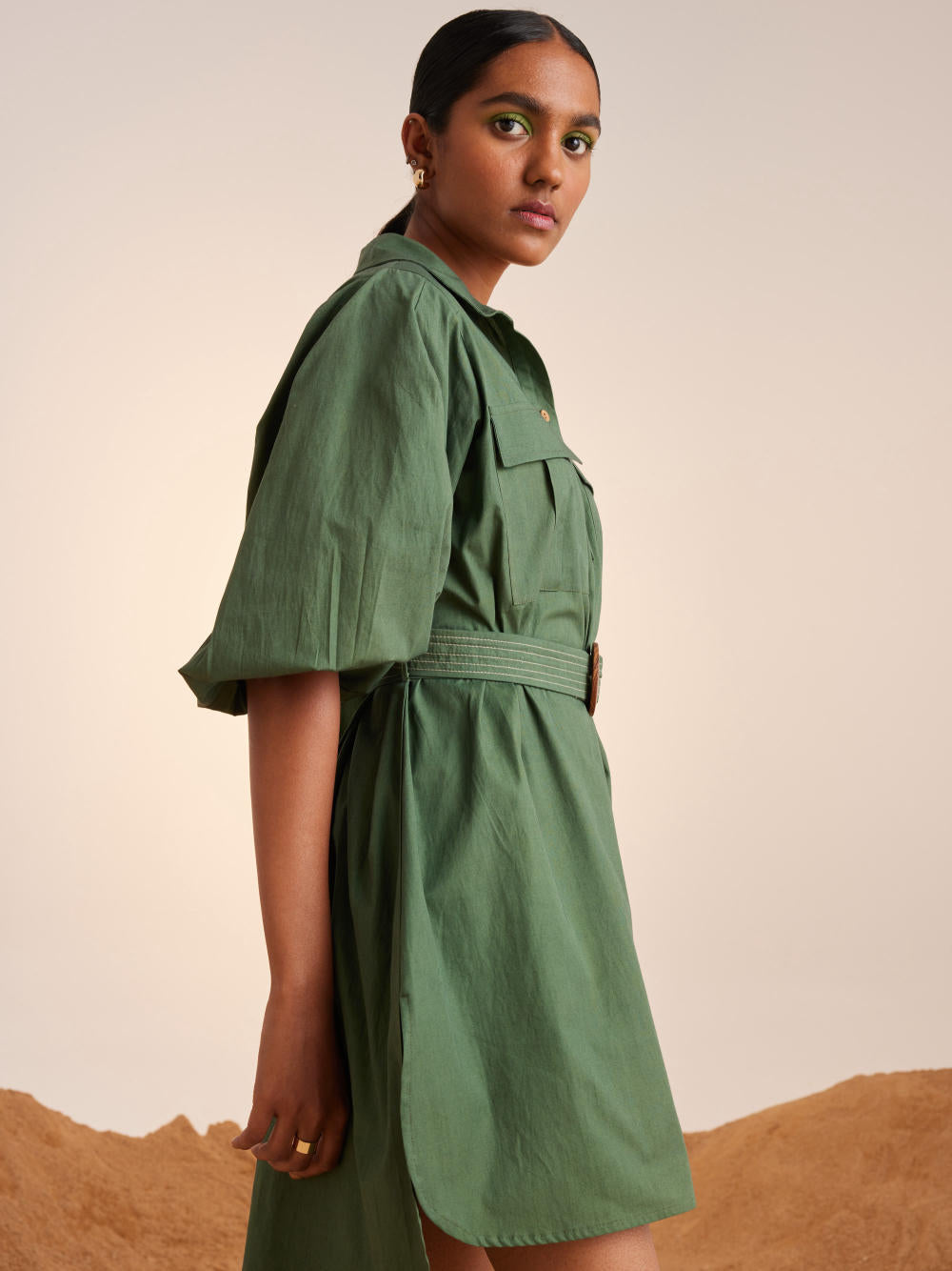 Belted Short Dress-Fern
