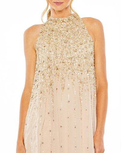 9225-High Neck Sleeveless Beaded Mesh Mini Dress