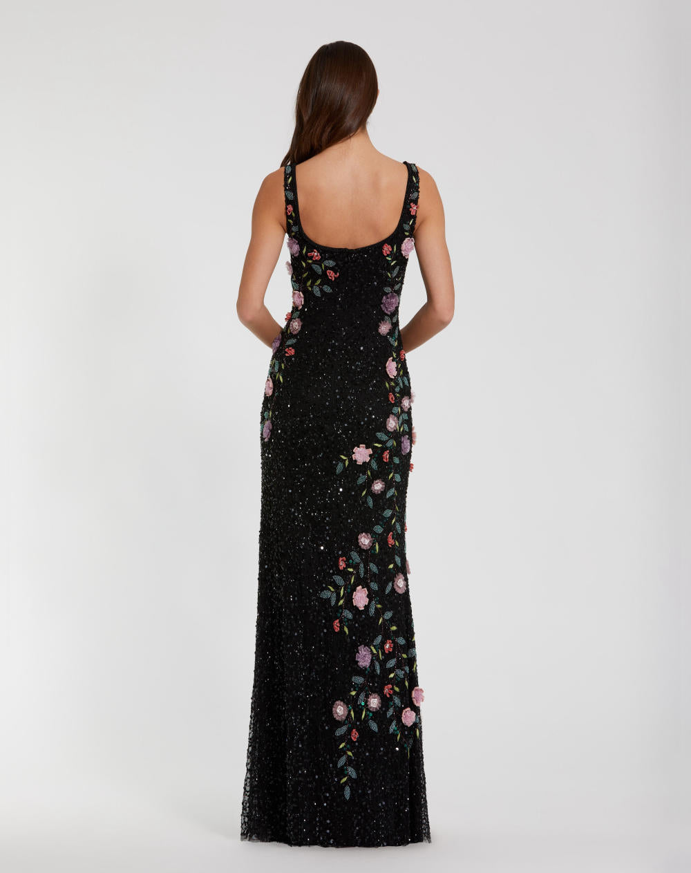 9340-Floral Beaded Mesh Scoop Neck Sleeveless Gown