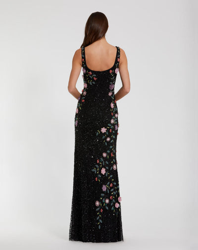 9340-Floral Beaded Mesh Scoop Neck Sleeveless Gown