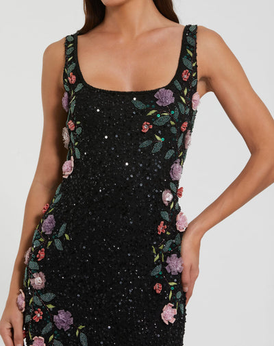 9340-Floral Beaded Mesh Scoop Neck Sleeveless Gown