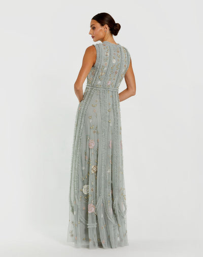 9360-Floral Mesh Sleeveless A Line Micro Ruffle Gown
