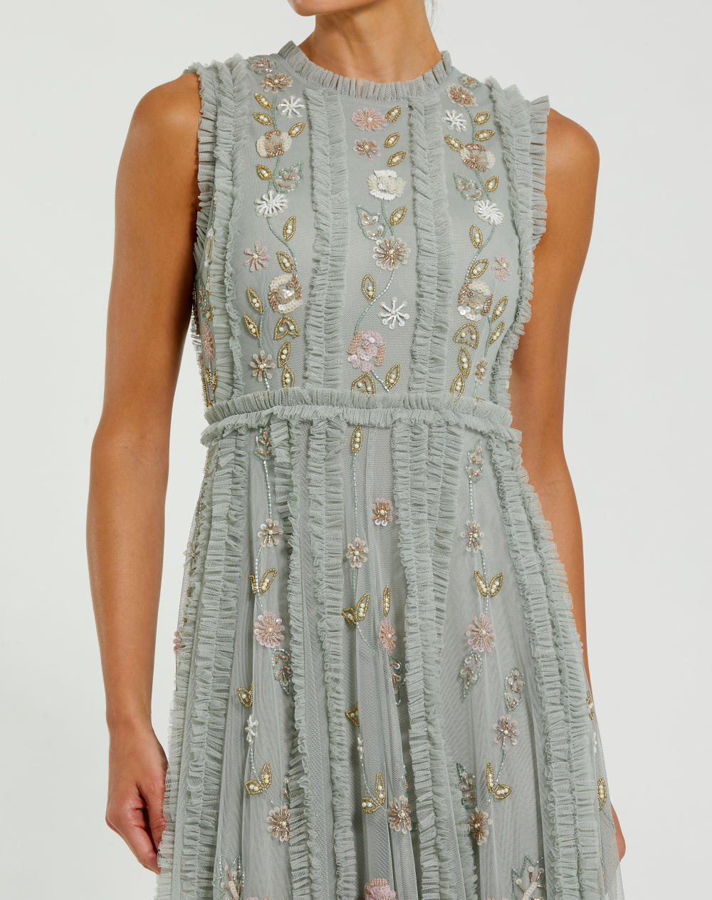 9360-Floral Mesh Sleeveless A Line Micro Ruffle Gown