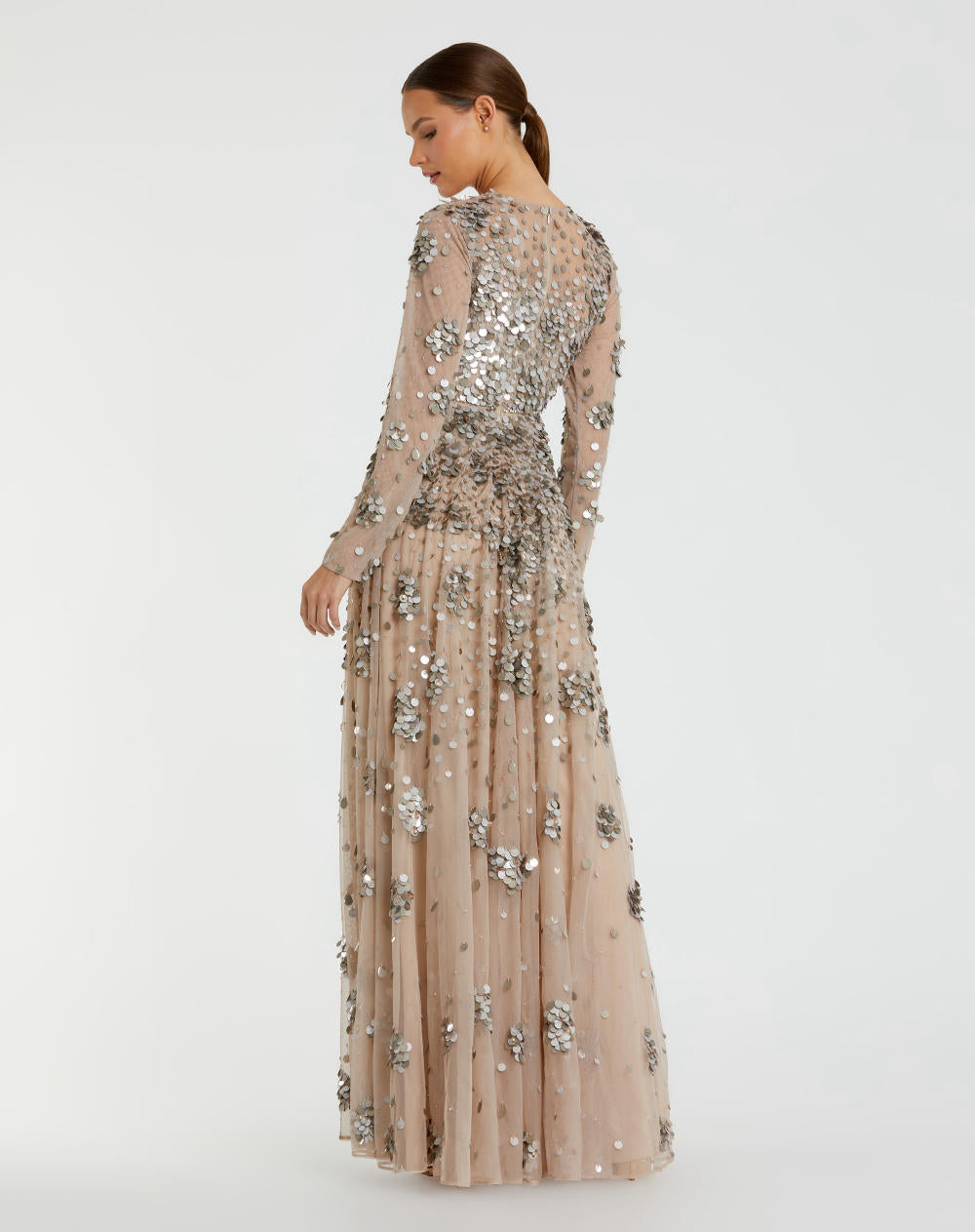 94189-Longlseeve Mesh Embellished A Line Gown