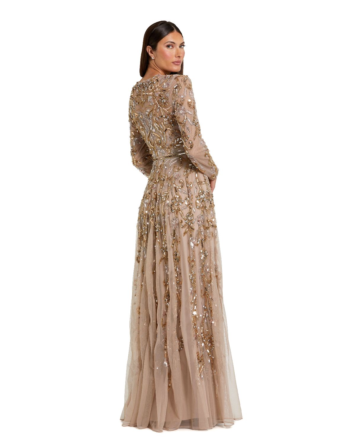 94213-Beige Long Sleeve Hand Embellished Gown