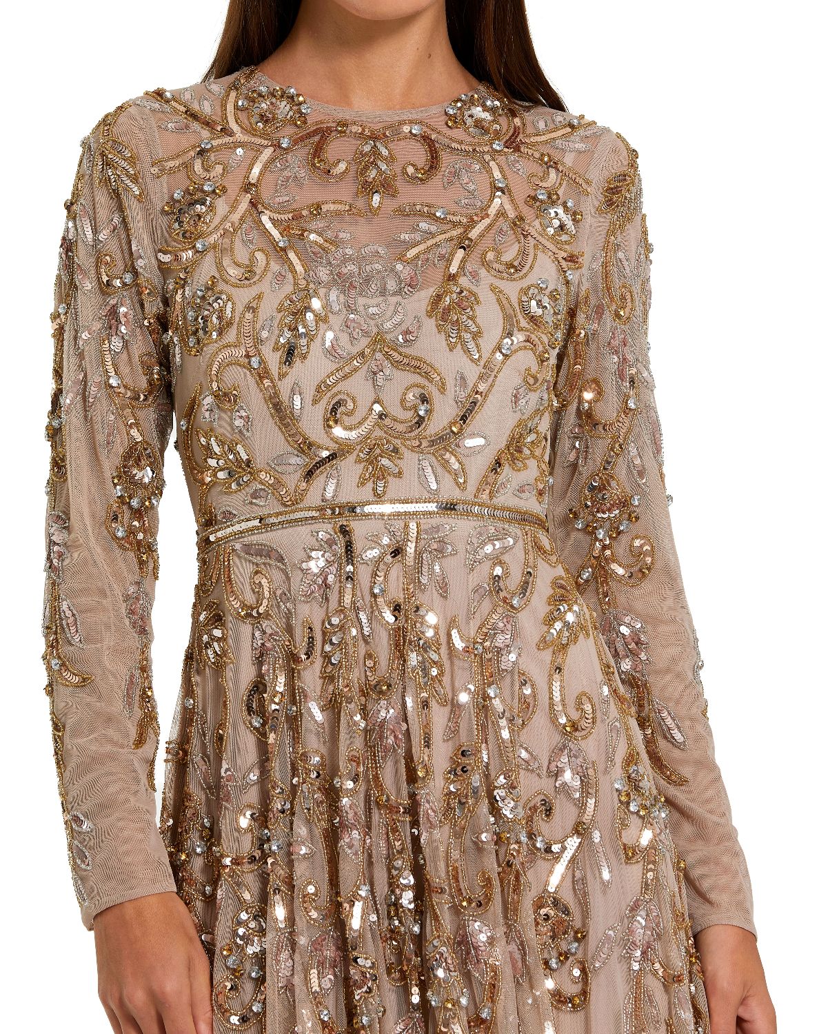 94213-Beige Long Sleeve Hand Embellished Gown