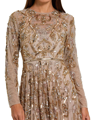 94213-Beige Long Sleeve Hand Embellished Gown