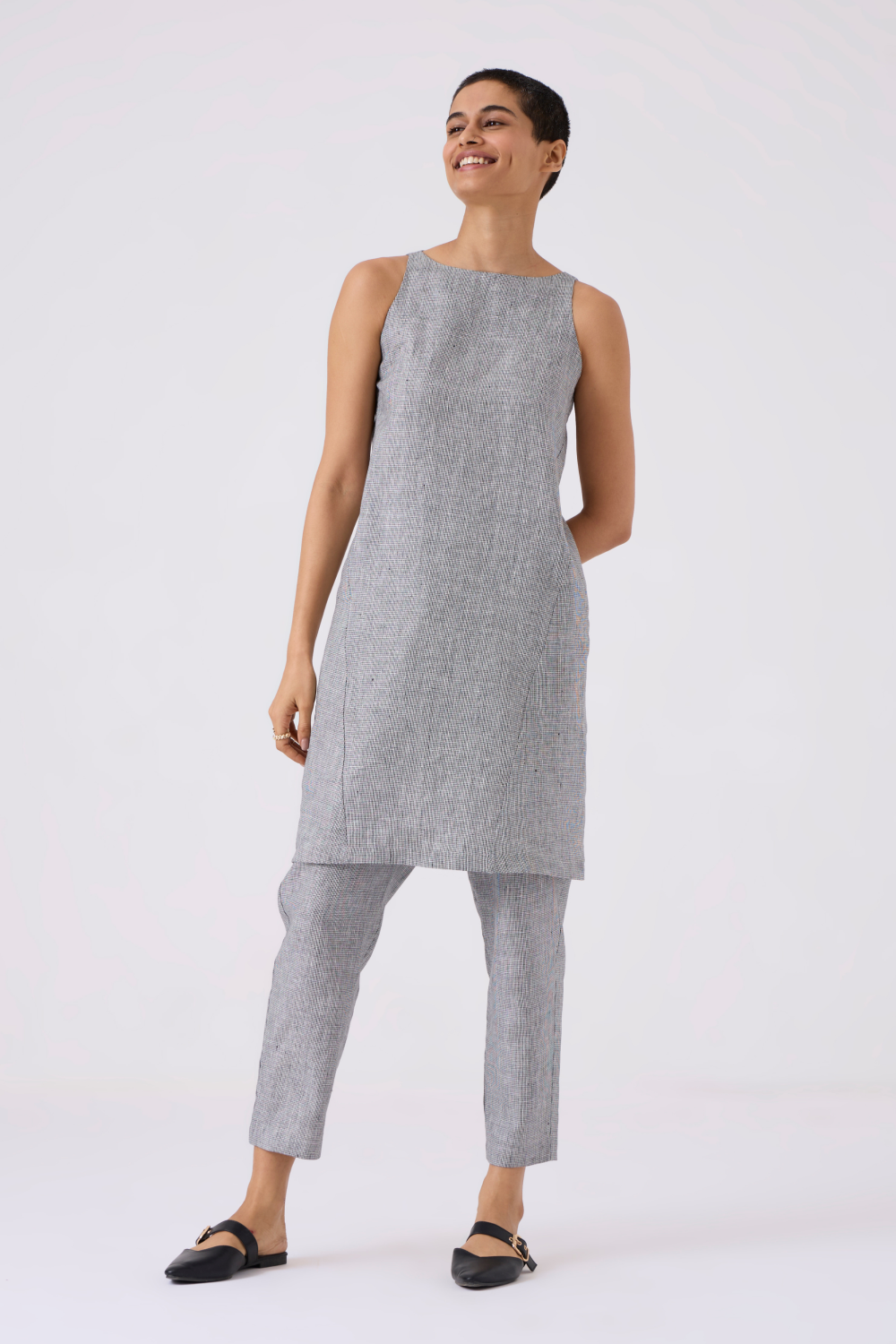 Sana Black and White Houndstooth Linen Dress