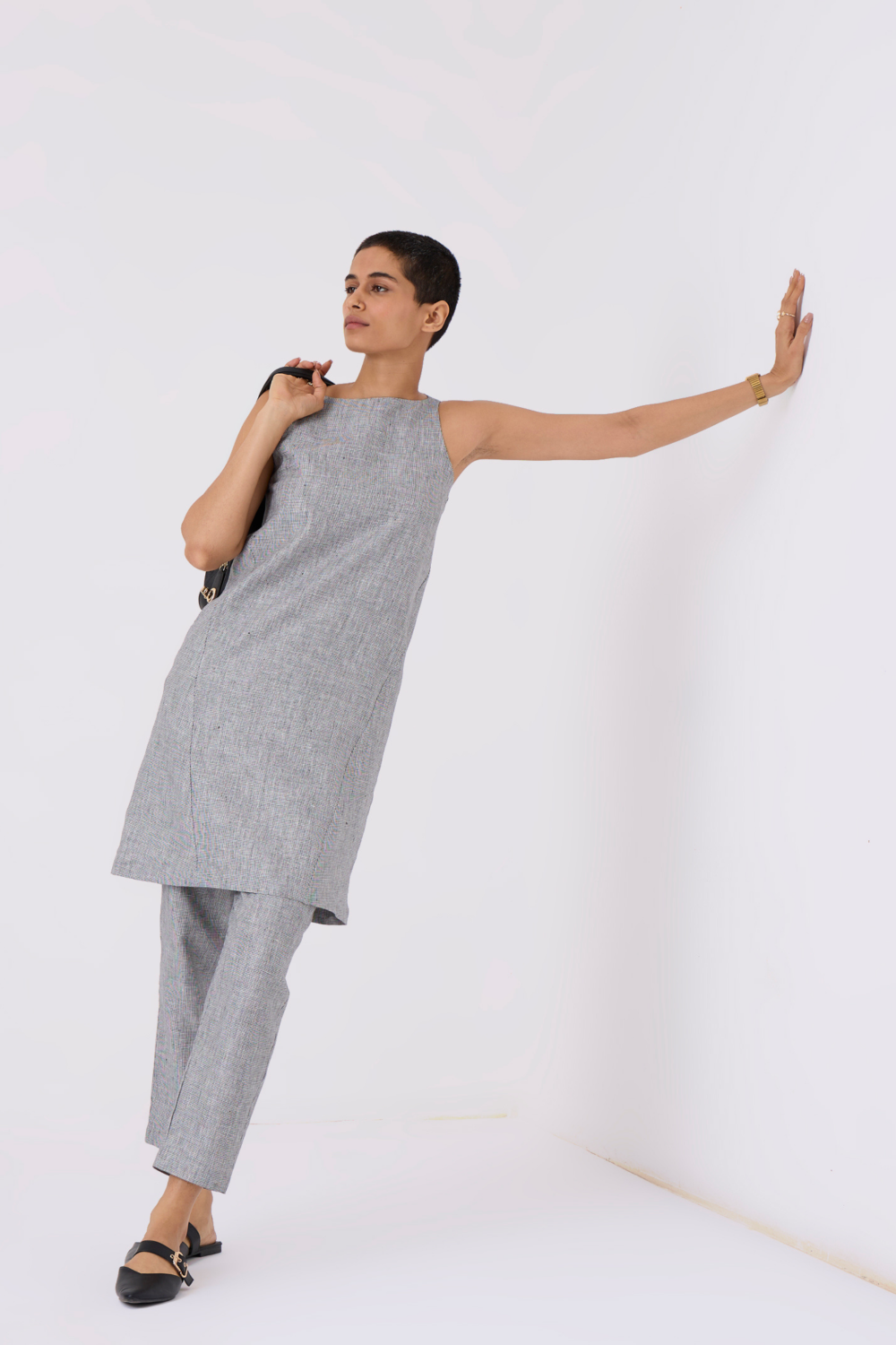 Sana Black and White Houndstooth Linen Dress