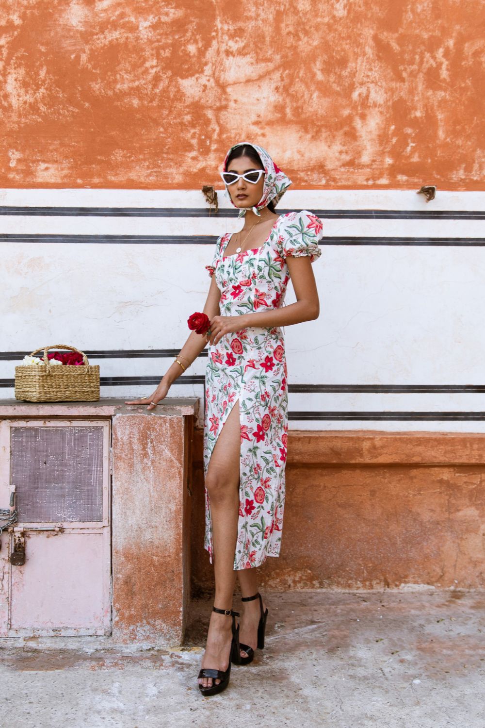 Raspberry & Rose Midi Dress  - Off Shoulder Printed Cotton Midi Dress