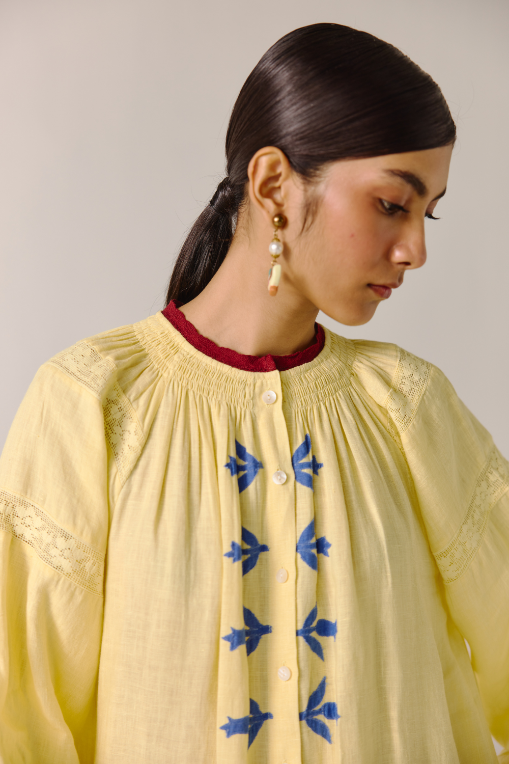 Chloe Dress - Butter Yellow Bird Applique