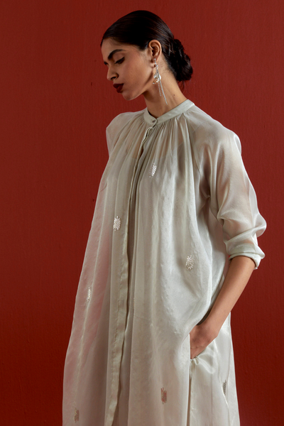 EMB. GATHER NECK SHIRT CO-ORD-METALLIC GREY