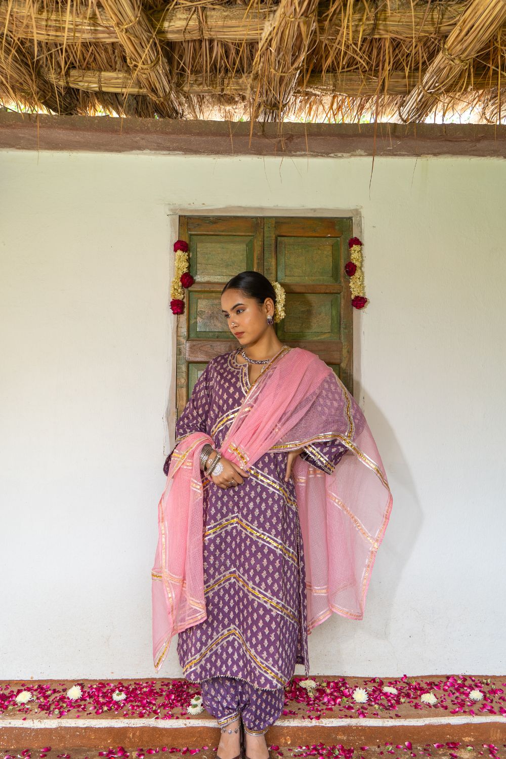 Saundh Purple and Peach hand block printed cotton Salwar set