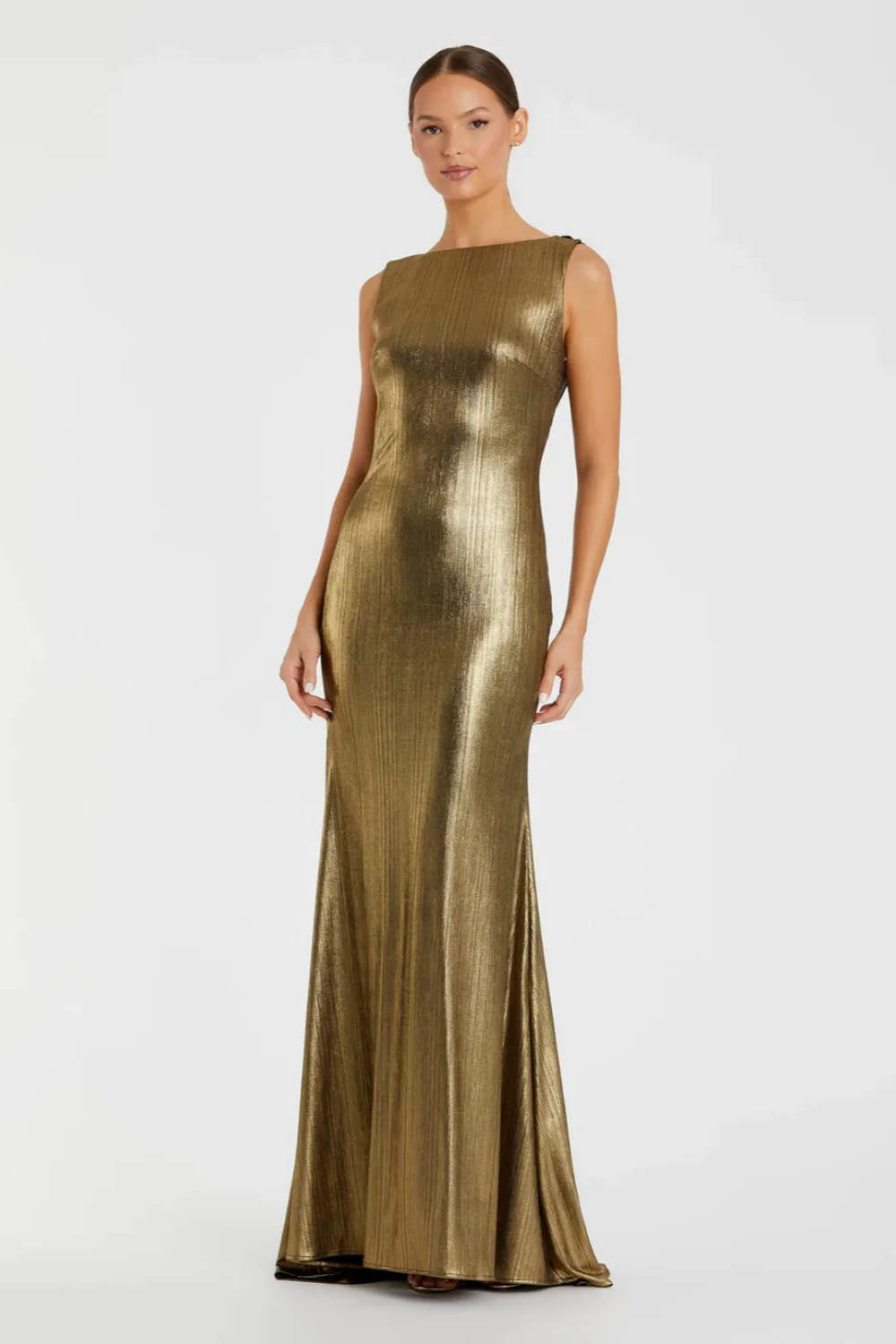 Gold Metallic Jersey Cowl Back Column Gown