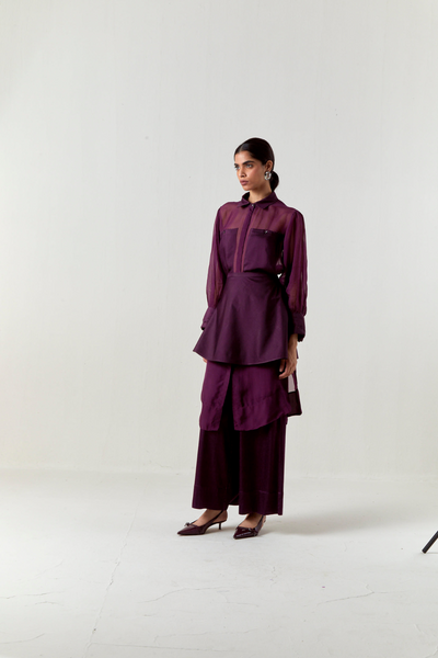 BEADED COLLAR SHEER SHIRT CO-ORD-WINE