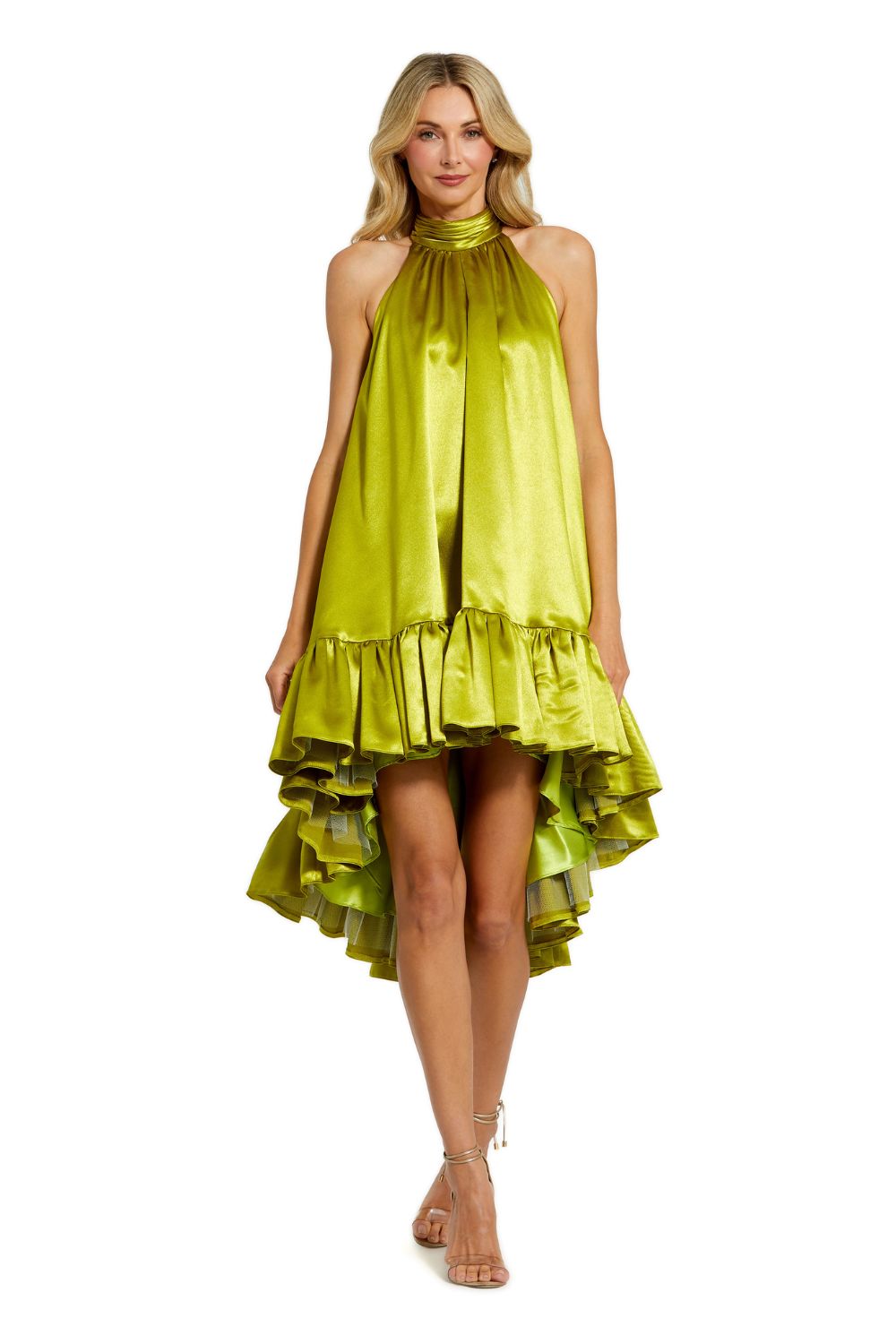 20711-Green High Neck Satin Mini Dress With Keyhole