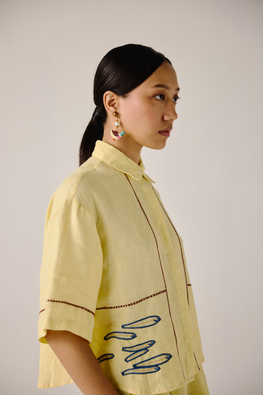 Leo Set - Butter Yellow Fish Embroidery