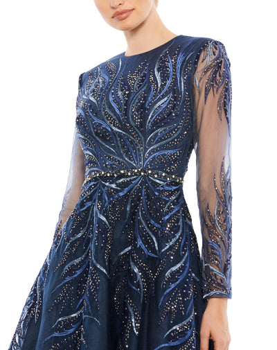 A11136-SEQUINED LONG SLEEVE HIGH NECK TRUMPET DRESS (TWILIGHT)