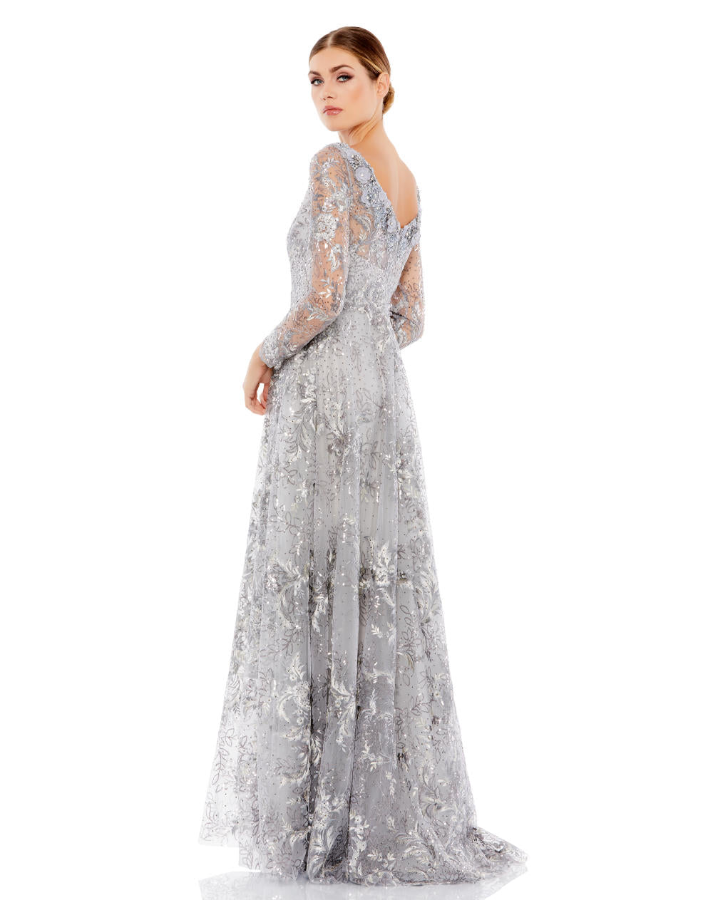 A67498-Floral Embroidered Illusion Long Sleeve Gown