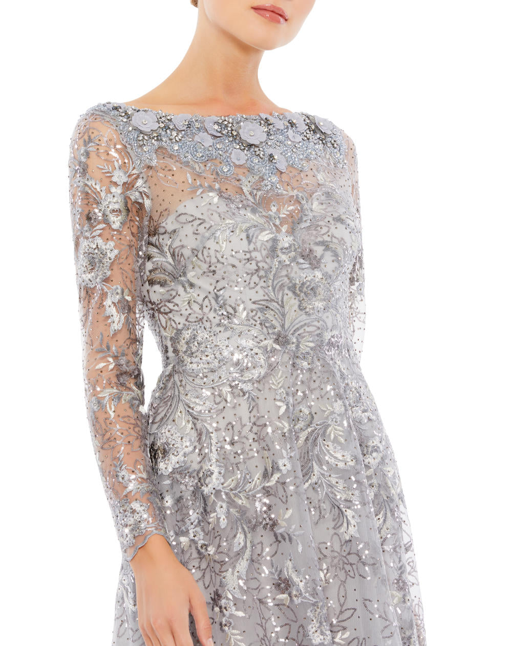 A67498-Floral Embroidered Illusion Long Sleeve Gown
