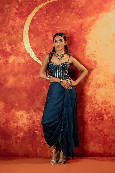 Luna Corset Blouse Skirt & Ajrakh Drape