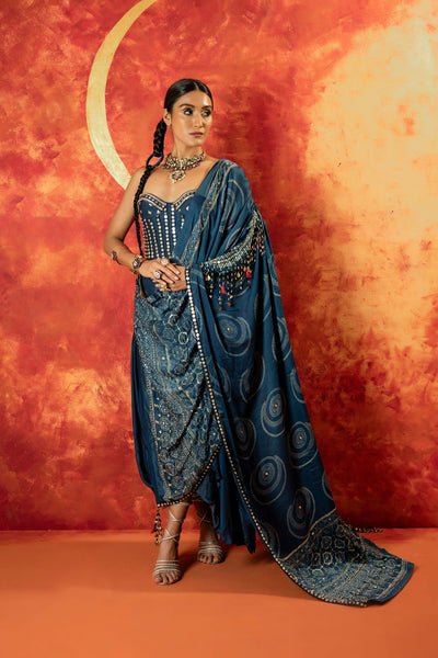 Luna Corset Blouse Skirt & Ajrakh Drape