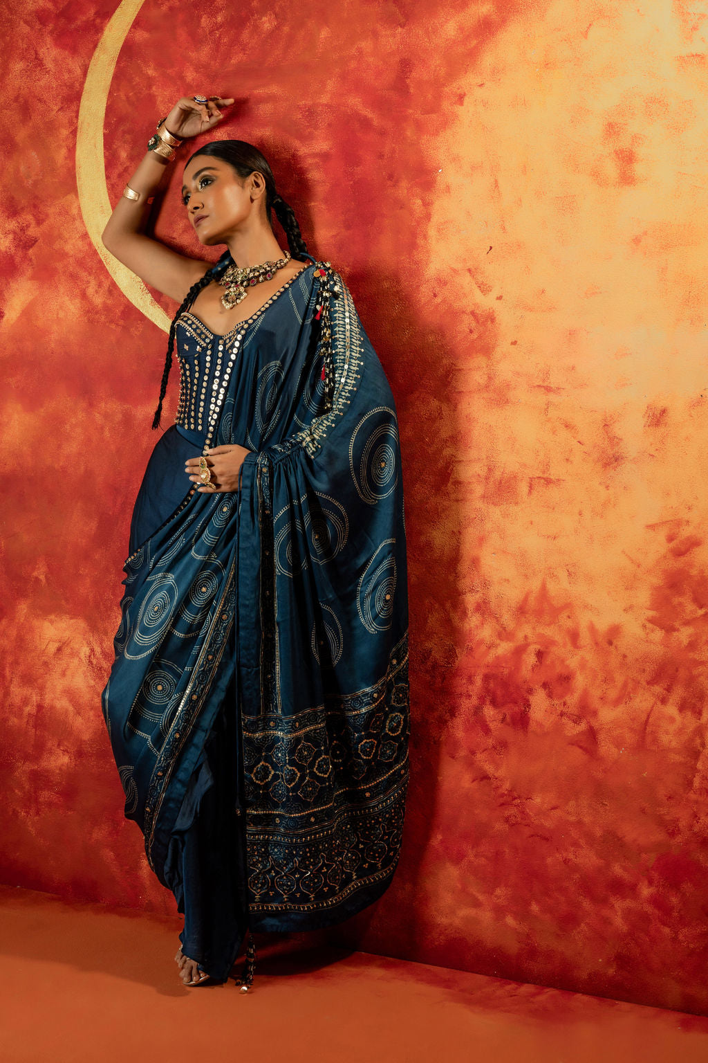 Luna Corset Blouse Skirt & Ajrakh Drape