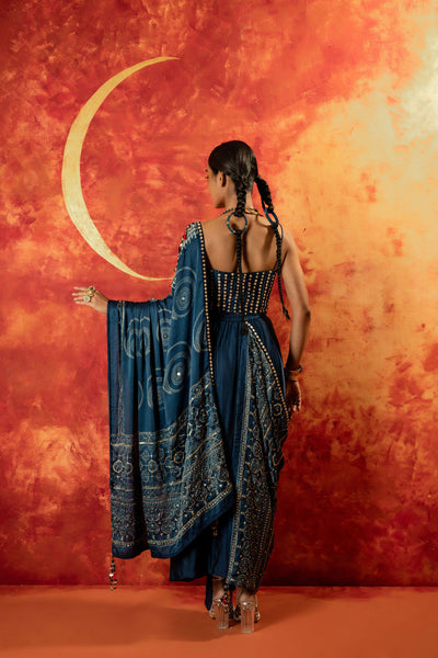 Luna Corset Blouse Skirt & Ajrakh Drape