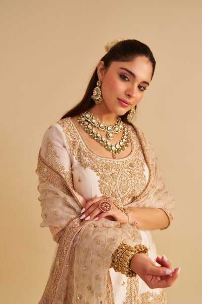 Alina - Dabka Zardozi Embroidered Silk Daisy Ivory Sharara Set