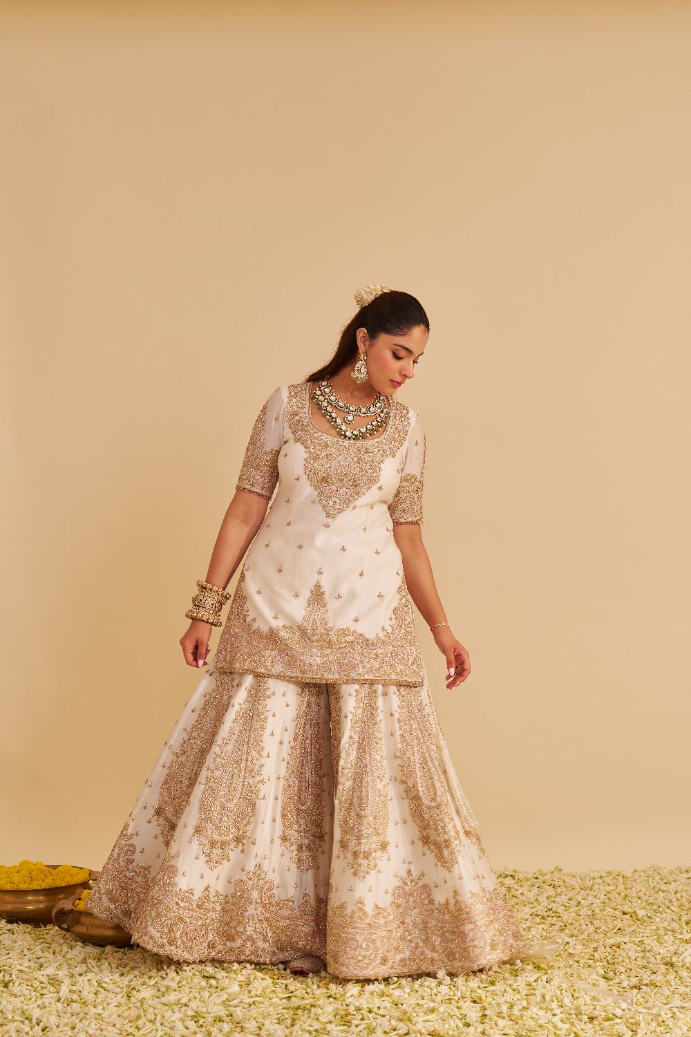 Alina - Dabka Zardozi Embroidered Silk Daisy Ivory Sharara Set