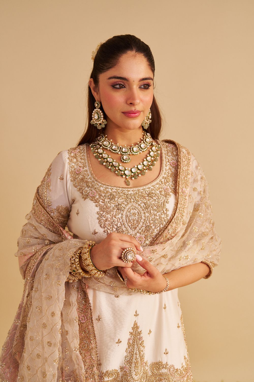 Alina - Dabka Zardozi Embroidered Silk Daisy Ivory Sharara Set