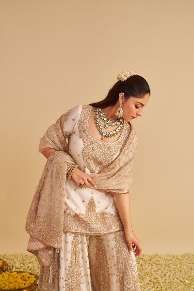 Alina - Dabka Zardozi Embroidered Silk Daisy Ivory Sharara Set