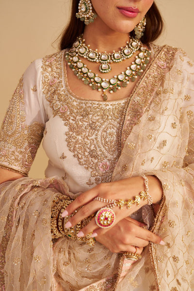 Alina - Dabka Zardozi Embroidered Silk Daisy Ivory Sharara Set
